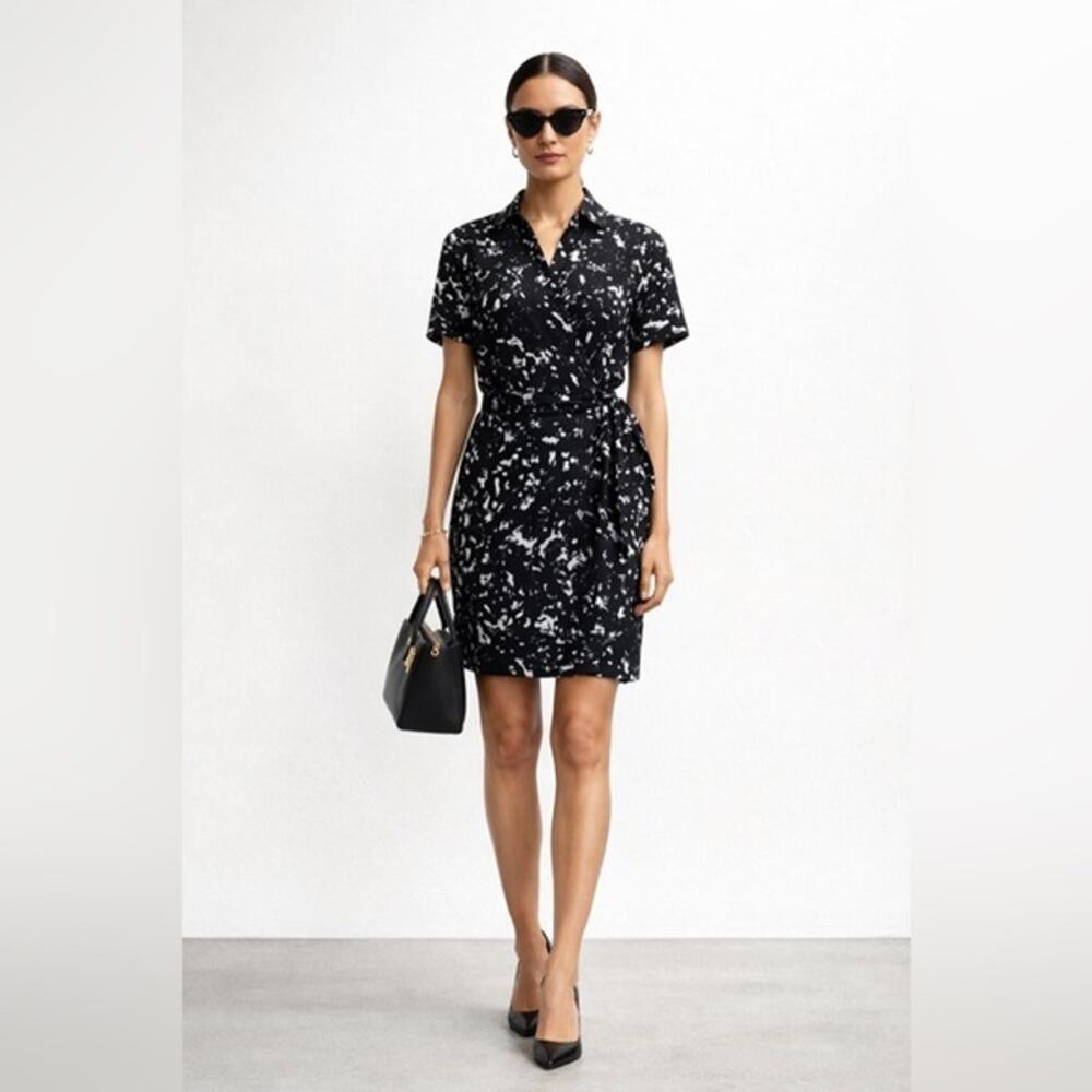 Calvin Klein Black White Abstract Wrap Dress Minimalist Office Chic Sz 2
